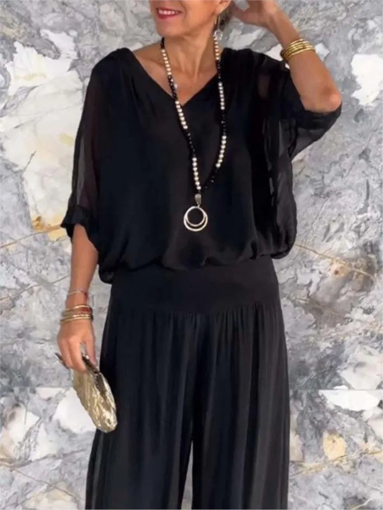 Mia - V-Neck Wide-Leg Chiffon Set