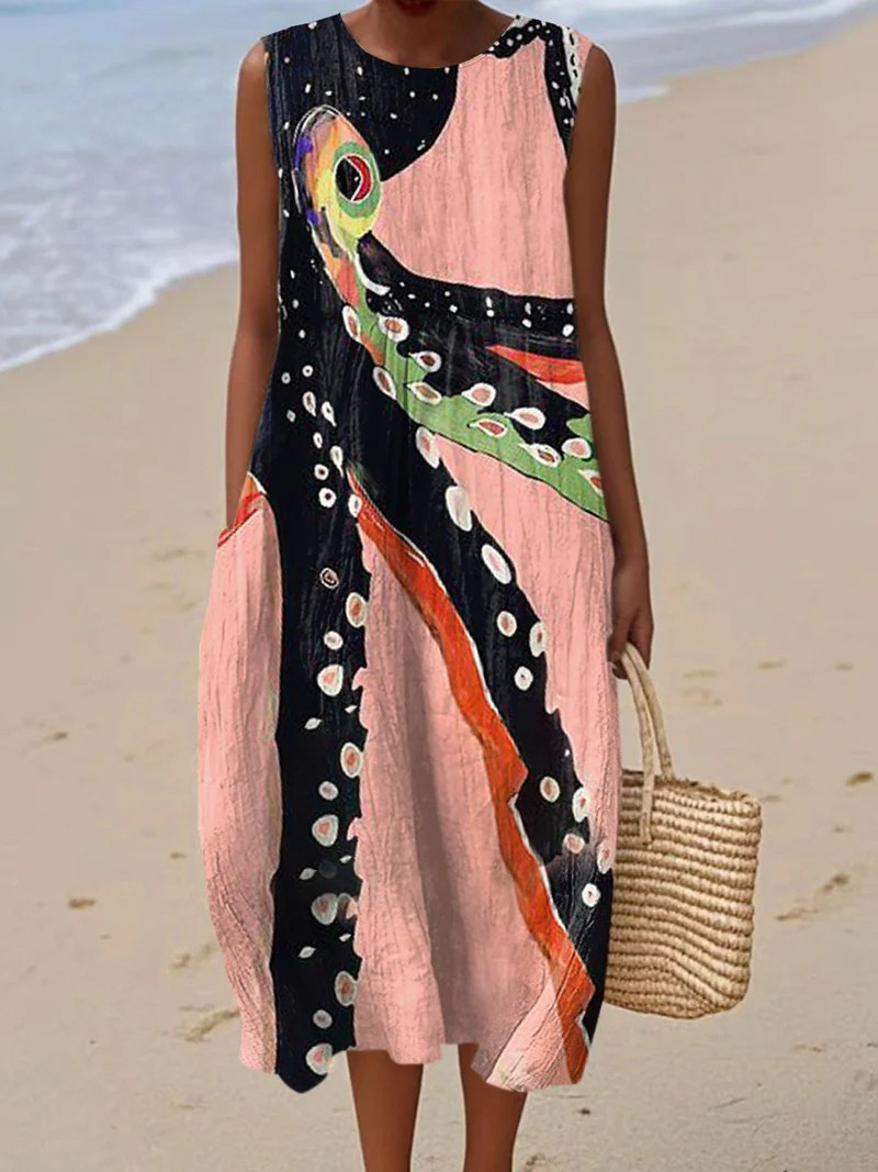 Women's Vintage Octopus Art Print Sleeveless Pocket Wrap Dress