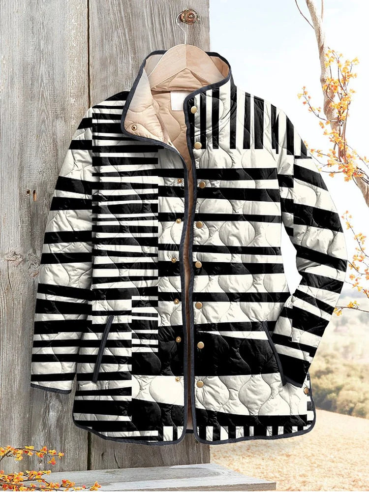 Women's Black and White Abstract Puffer Jacket in Casual Style