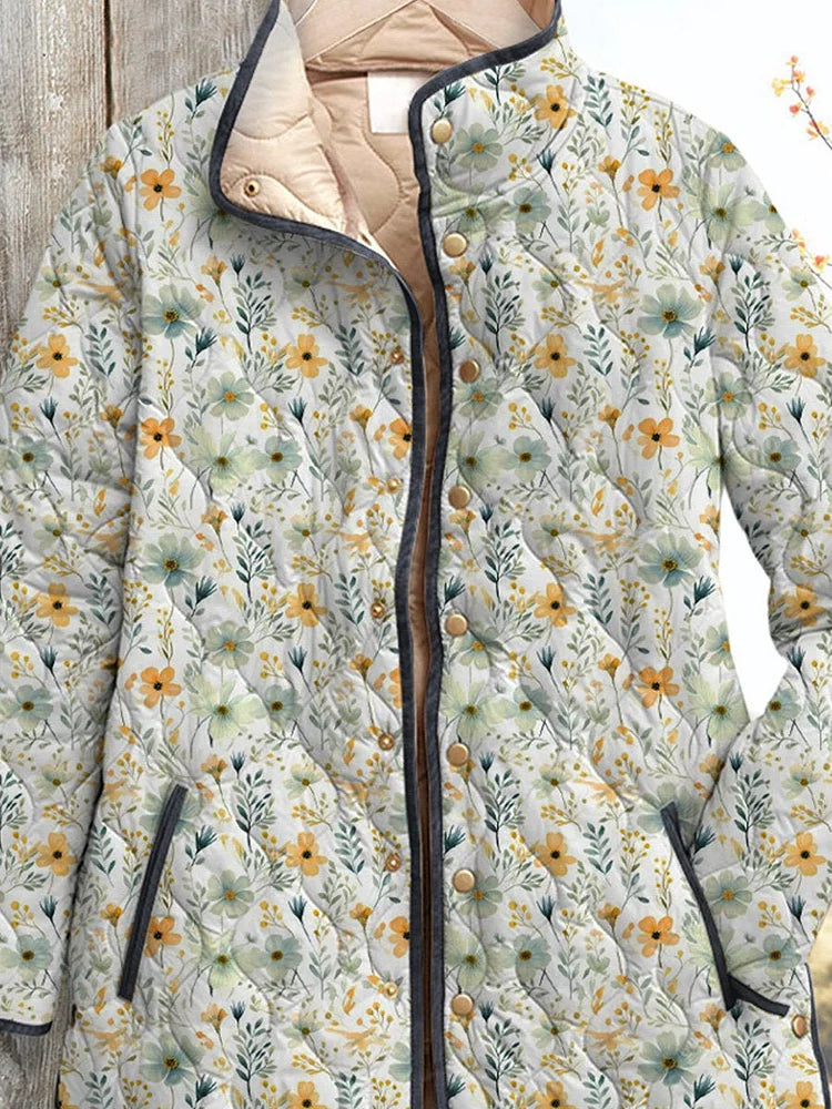 Beautiful floral pattern on a casual quilted jacket for women