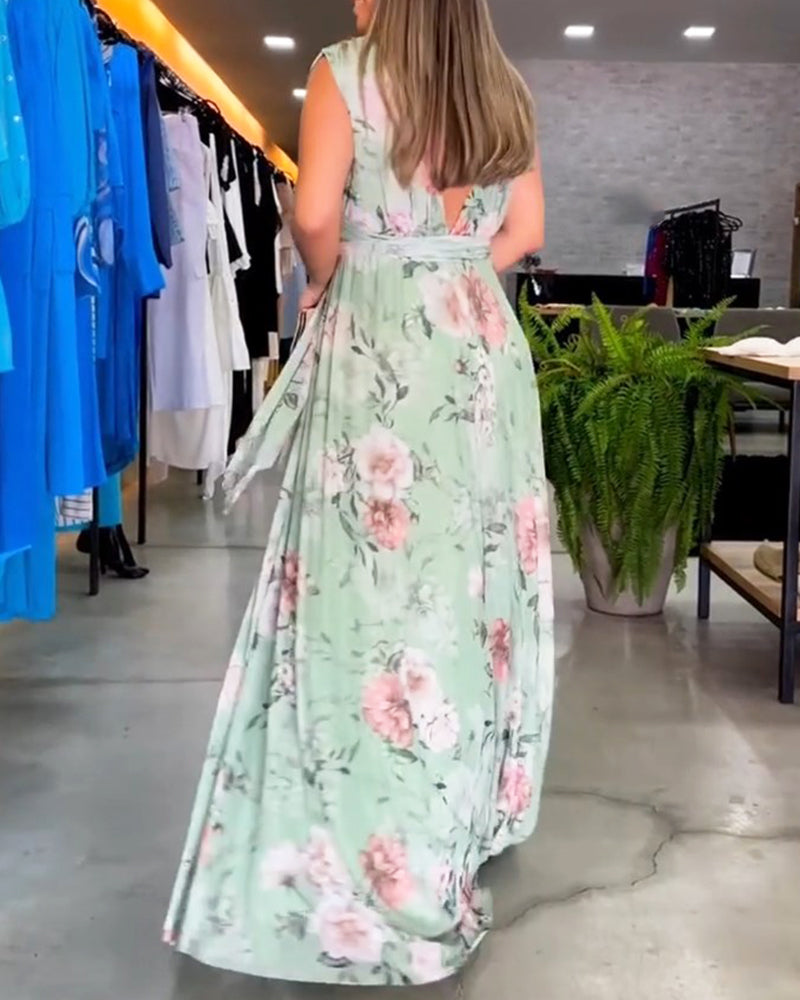 Gia | Women's V-Neck Mini Sleeveless Floral Split Hem Long Dress