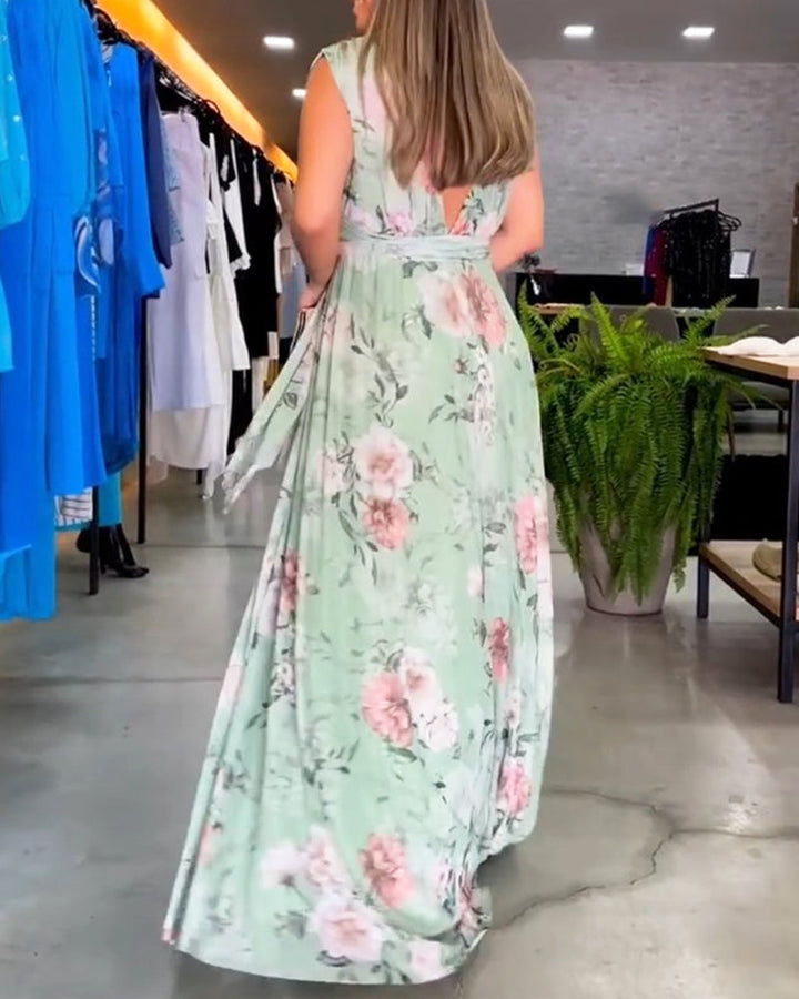 Gia | Women's V-Neck Mini Sleeveless Floral Split Hem Long Dress