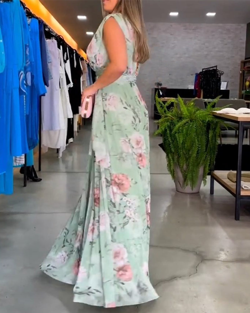 Gia | Women's V-Neck Mini Sleeveless Floral Split Hem Long Dress