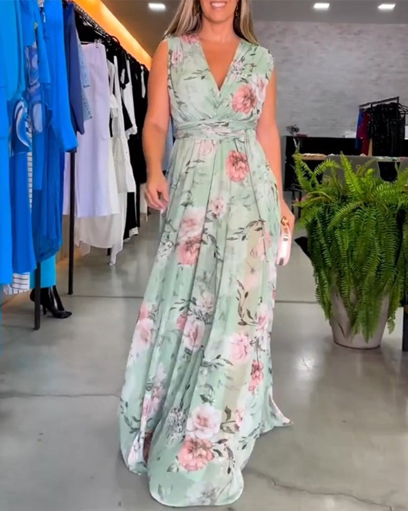 Gia | Women's V-Neck Mini Sleeveless Floral Split Hem Long Dress