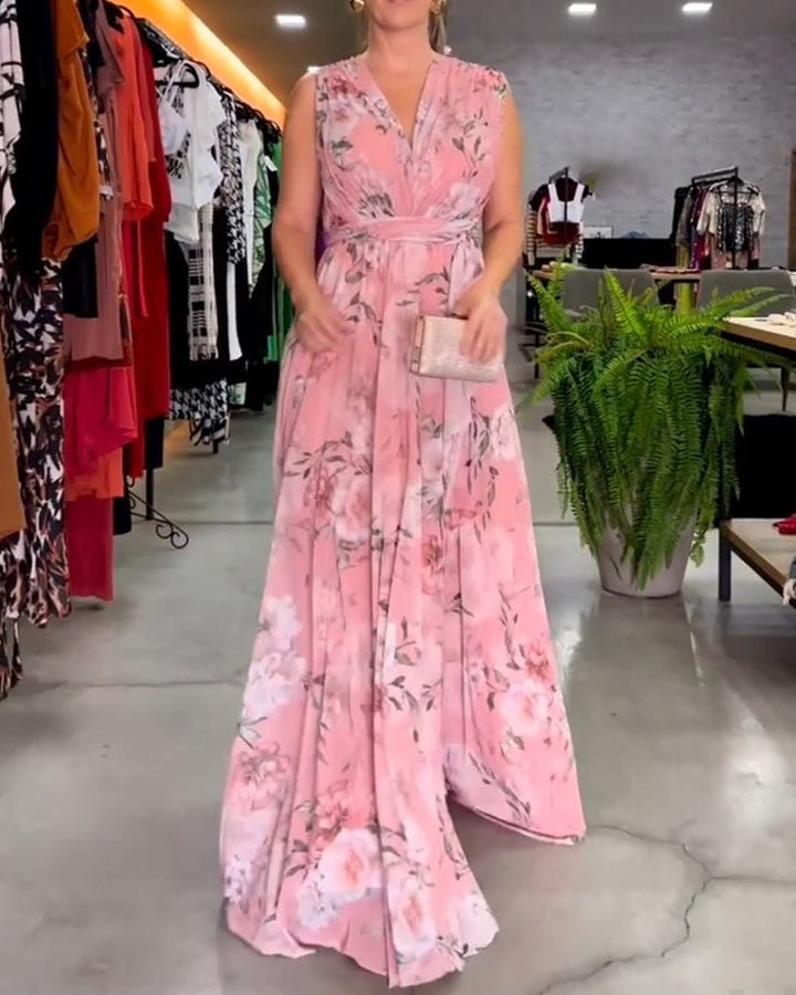 Gia | Women's V-Neck Mini Sleeveless Floral Split Hem Long Dress