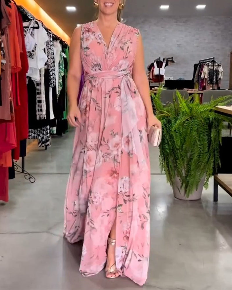 Gia | Women's V-Neck Mini Sleeveless Floral Split Hem Long Dress