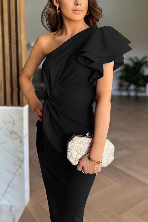 Caz Off-Shoulder Midi Dress with Ruffled Sleeves and Chic Slit
