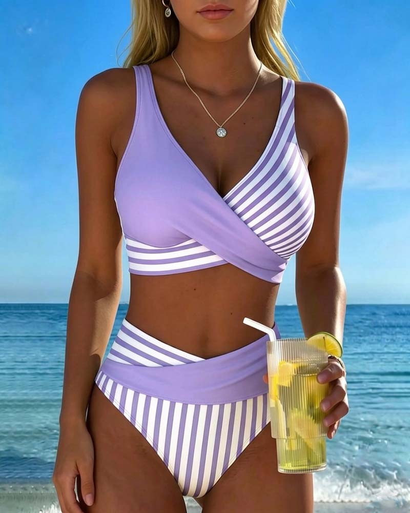 Giulia | Women's Striped V-Neck Bikini with High-Waisted Briefs