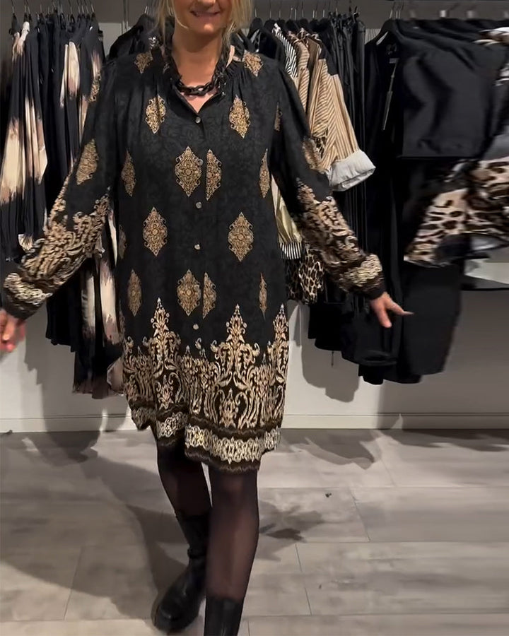 Ilse | Women's Long Sleeve Knee-Length Vintage-Inspired Dress with Button Placket and Buttons