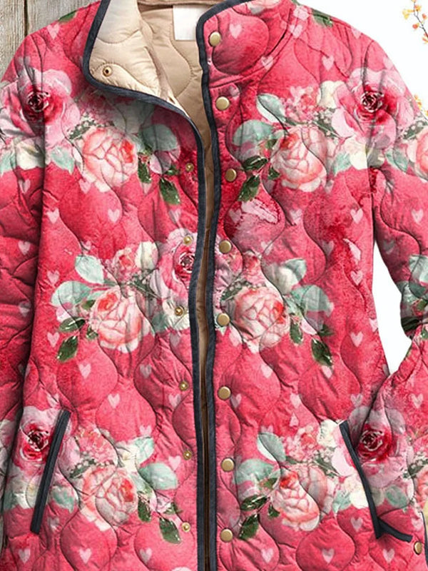Ladies Charming Pink Floral Art Printed Casual Puffer Jacket