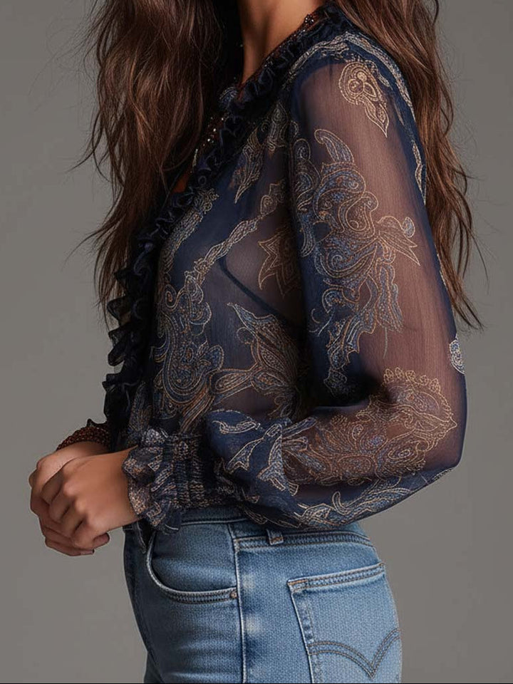 Elise | Ruffled Blouse Featuring Baroque Paisley Print