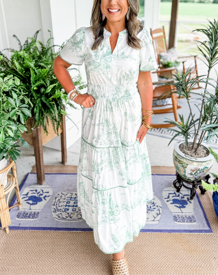 Eliza | Women's Short Sleeve V-Neck Classic Toile Maxi