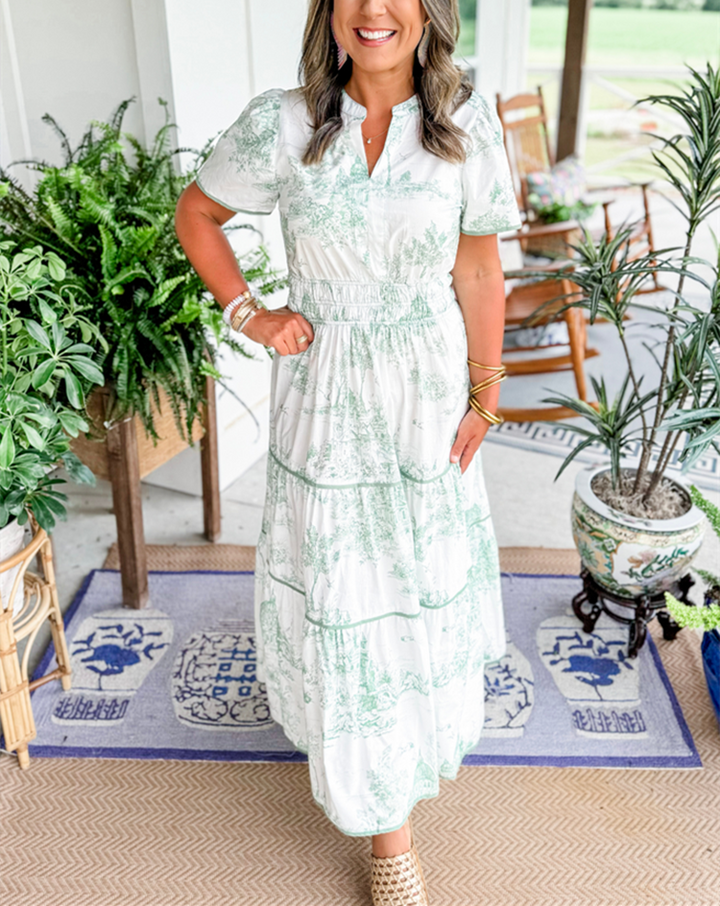 Eliza | Women's Short Sleeve V-Neck Classic Toile Maxi