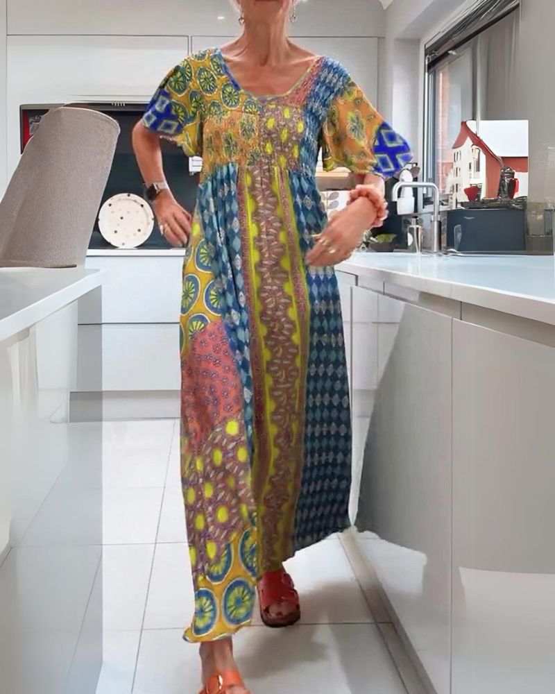 Melania | Women's Crew Neck Midi Colorful Bohemian Dress