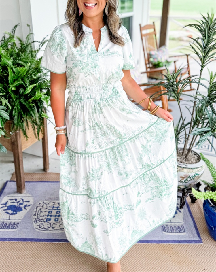 Eliza | Women's Short Sleeve V-Neck Classic Toile Maxi