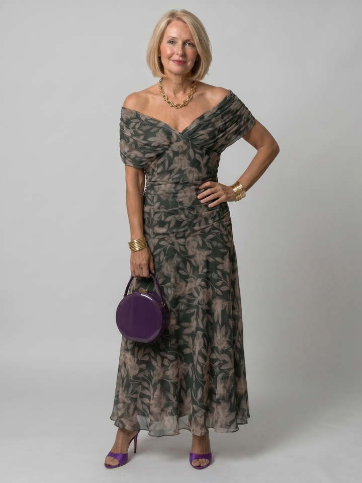 Calen | Elegant Off-Shoulder Midi Dress with Flowing Design