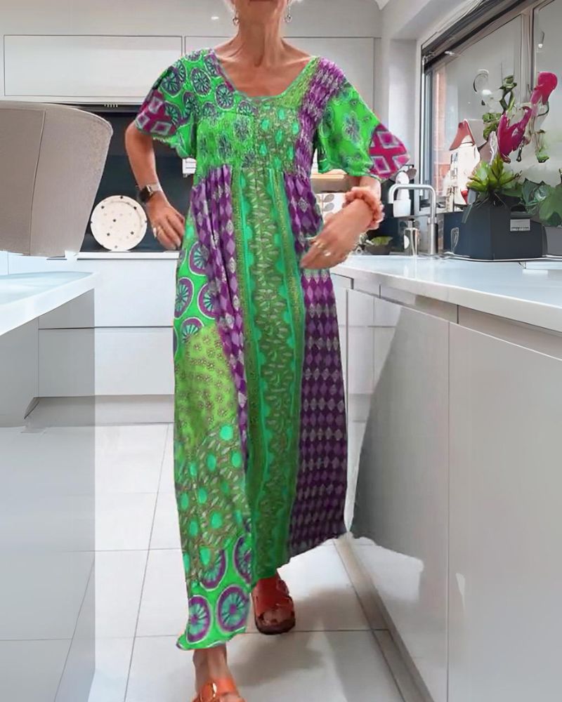 Melania | Women's Crew Neck Midi Colorful Bohemian Dress