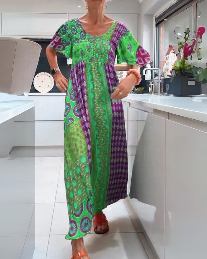 Melania | Women's Crew Neck Midi Colorful Bohemian Dress
