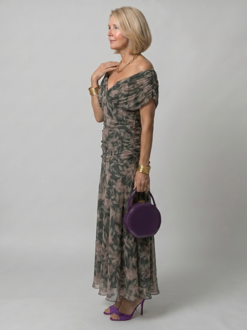 Calen | Elegant Off-Shoulder Midi Dress with Flowing Design