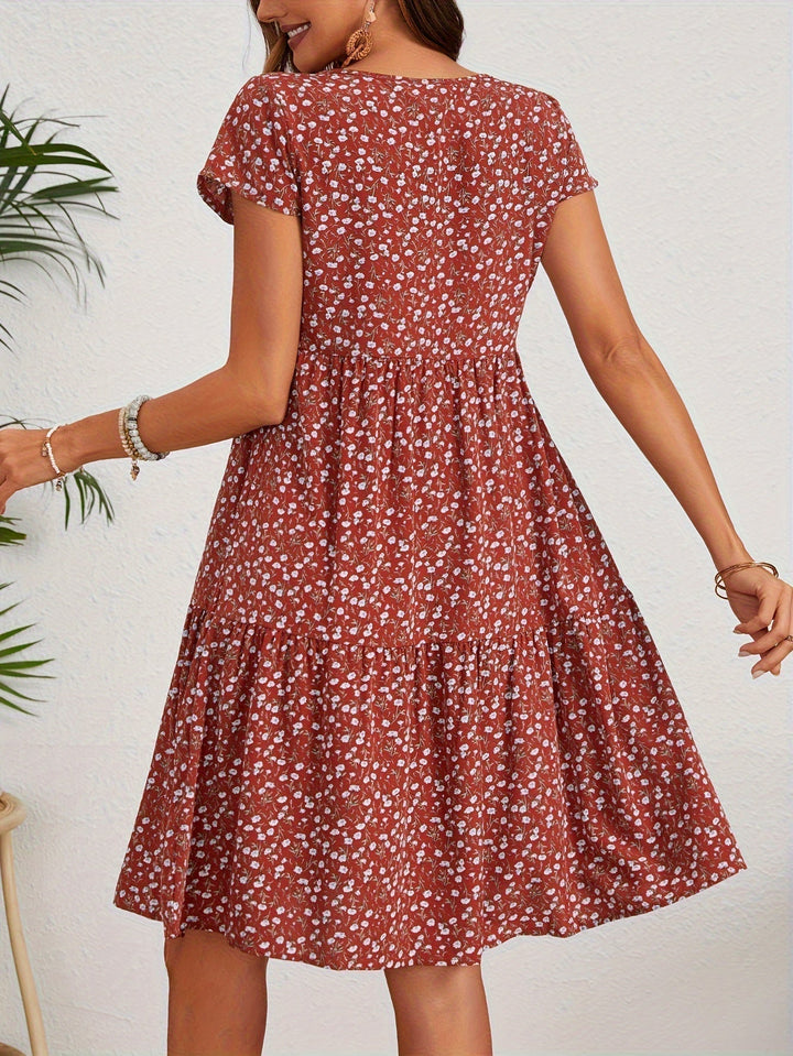 Valeria | Women's Short Sleeve Round Neck Mini Vintage Floral Dress