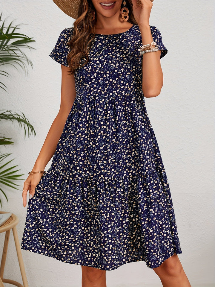 Valeria | Women's Short Sleeve Round Neck Mini Vintage Floral Dress