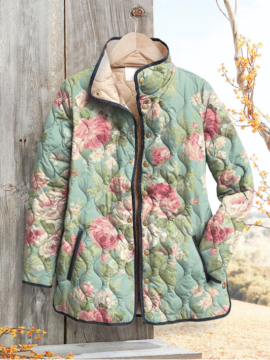 Women's Pastel Rose Print Quilted Jacket