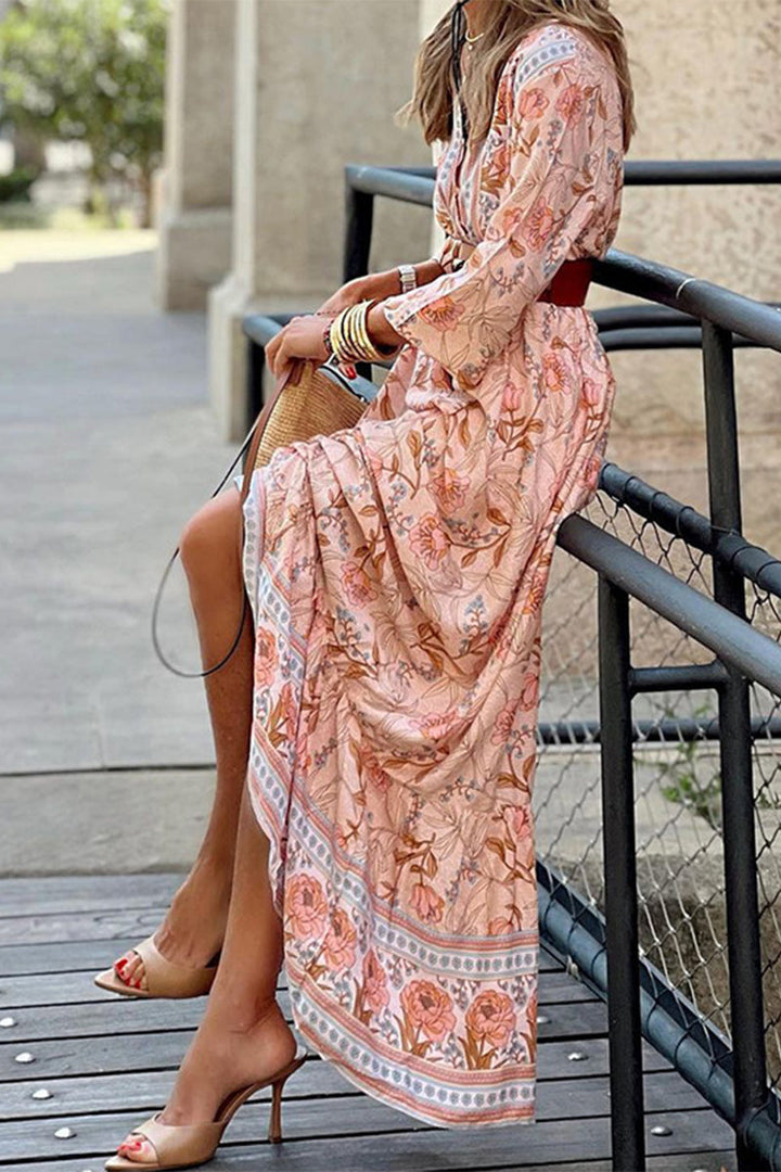 Rocio® | Bohemian Floral V-Neck A-Line Dress with Belt