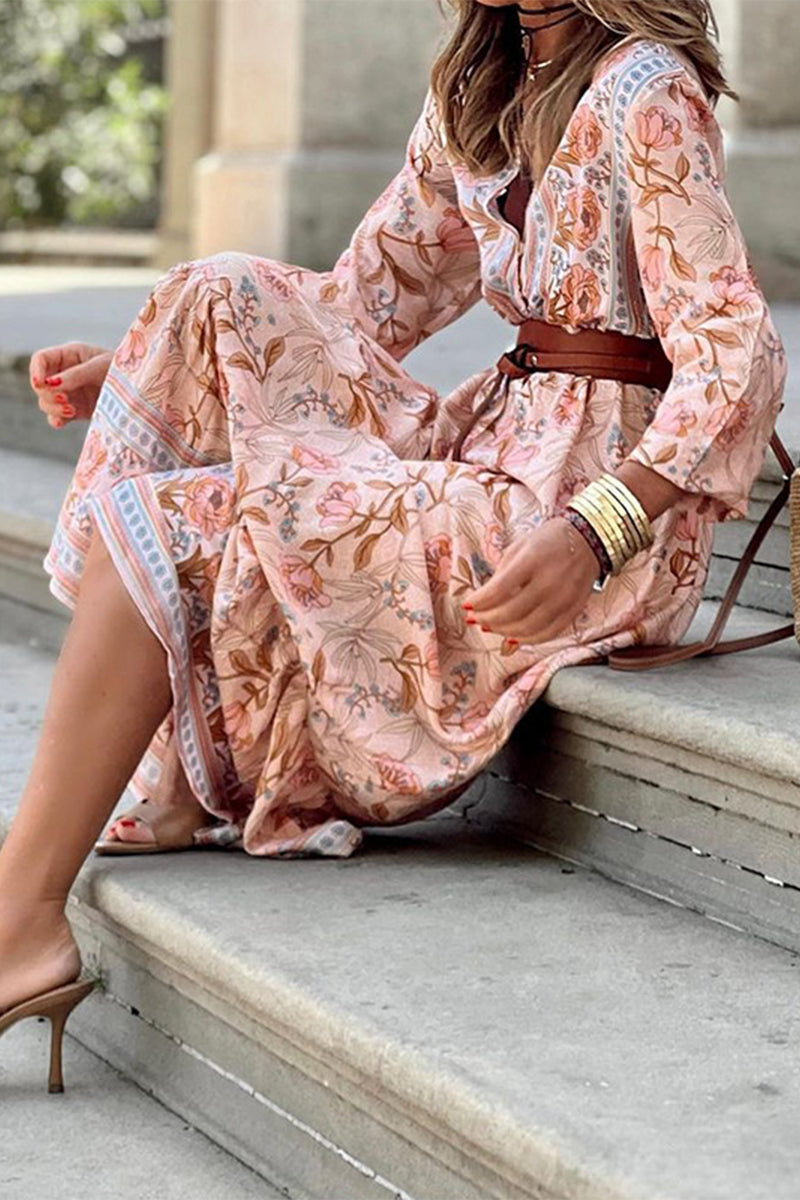 Rocio® | Bohemian Floral V-Neck A-Line Dress with Belt