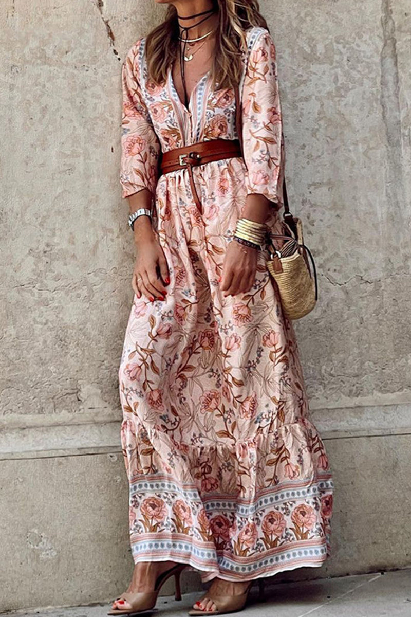 Rocio® | Bohemian Floral V-Neck A-Line Dress with Belt