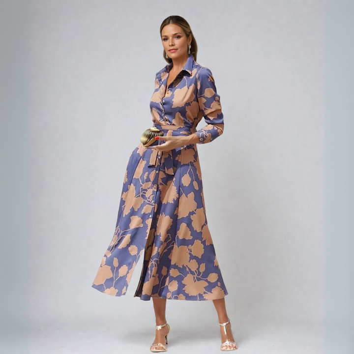 Floriza | Women's Long Sleeve Midi Floral Classic Shirt Style Dress with Belt
