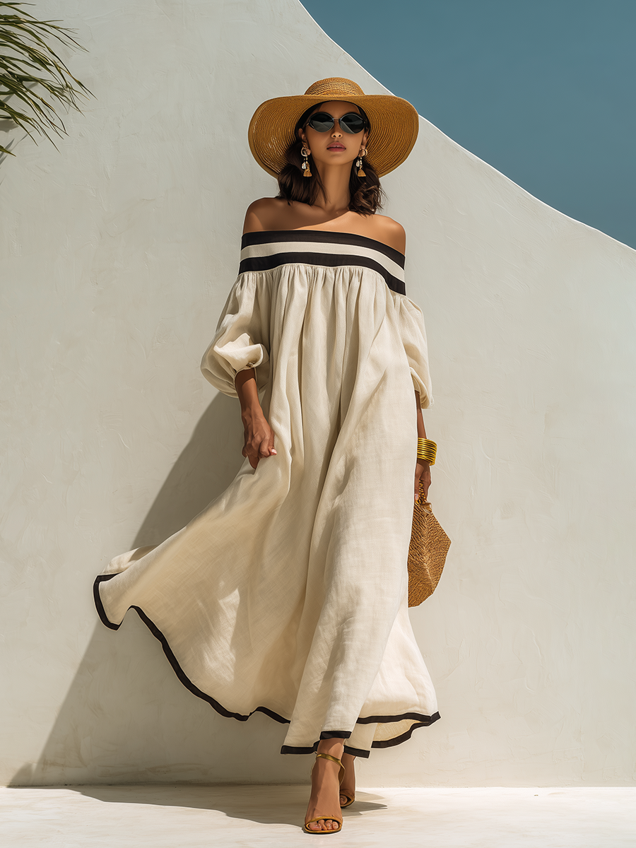 Beige Off-the-Shoulder Maxi Dress with Relaxed Fit and Color-Block Design