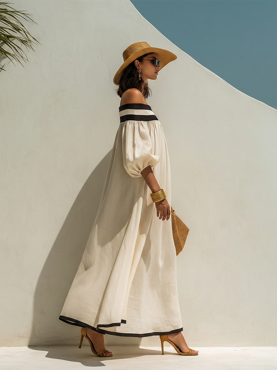 Beige Off-the-Shoulder Maxi Dress with Relaxed Fit and Color-Block Design