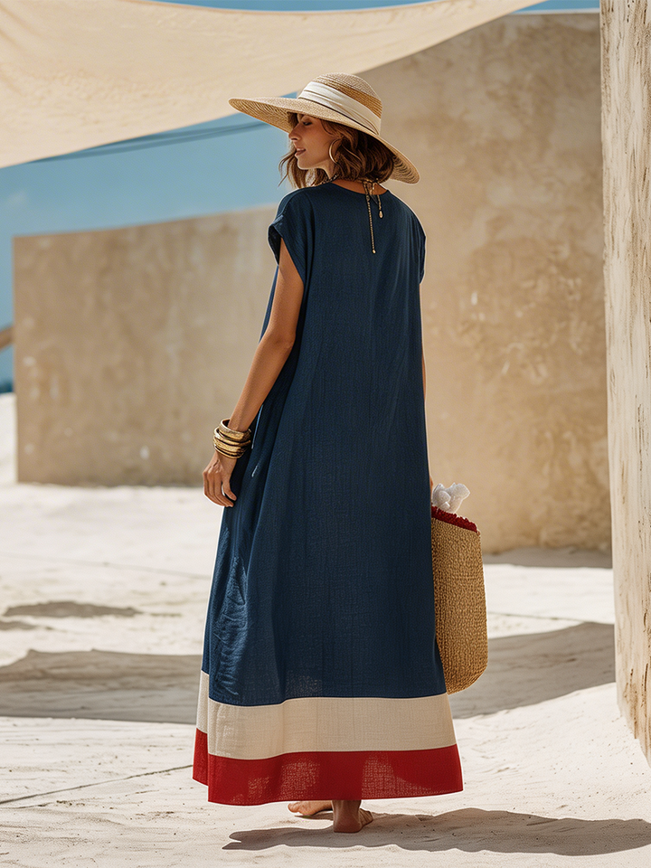 Women's Maxi Dress with V-Neck and Short Sleeves