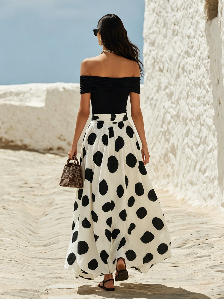 Off-Shoulder Polka Dot Maxi Dress for a Vacation Vibe