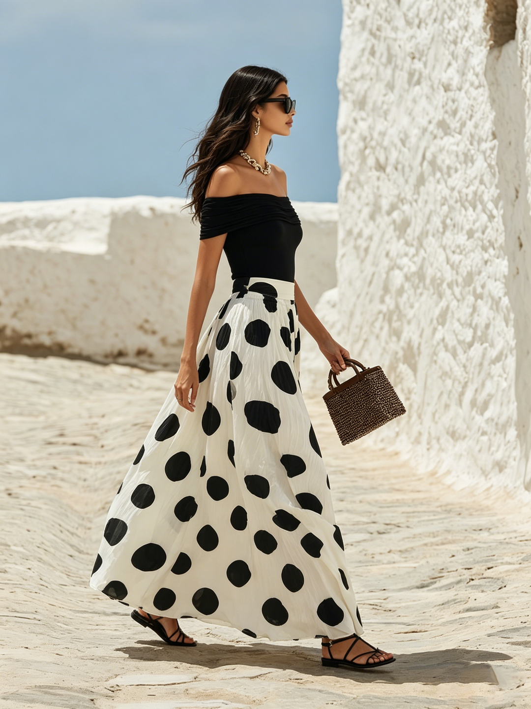 Off-Shoulder Polka Dot Maxi Dress for a Vacation Vibe