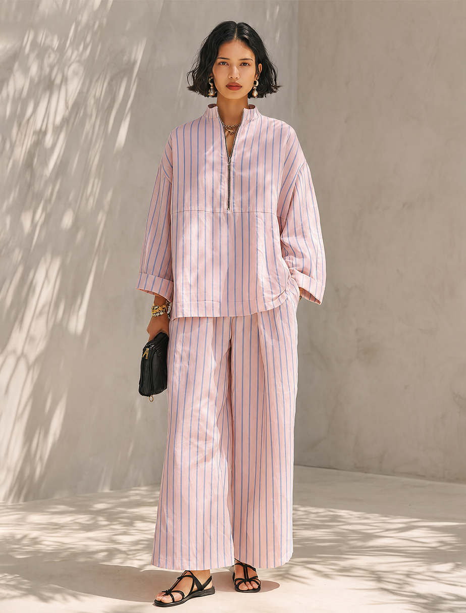 Women's Striped Long Sleeve Top & Wide-Leg Pants Set with Pockets