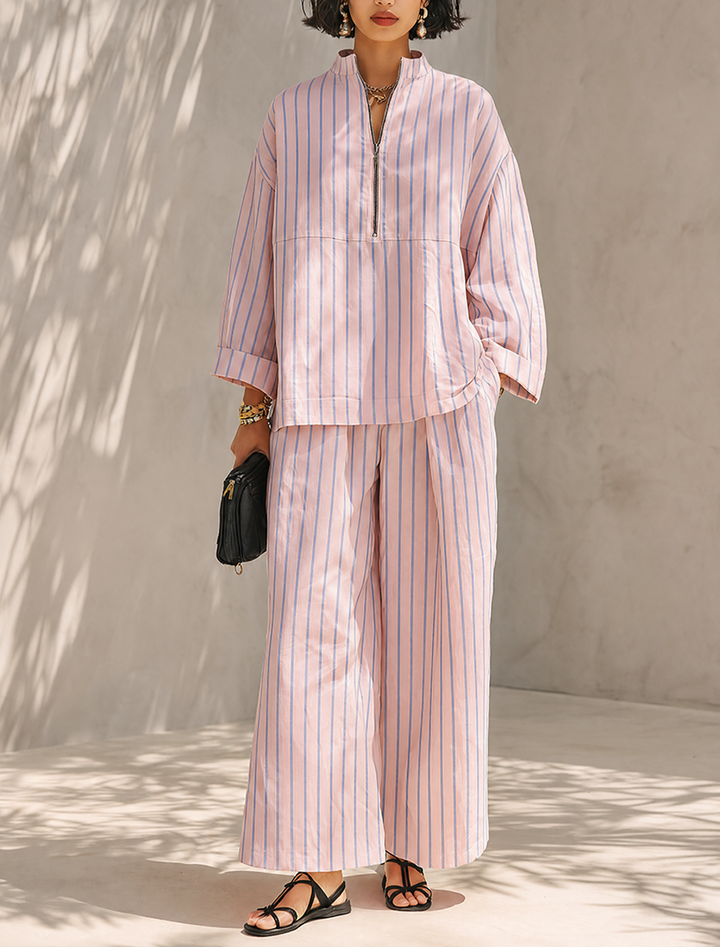Women's Striped Long Sleeve Top & Wide-Leg Pants Set with Pockets