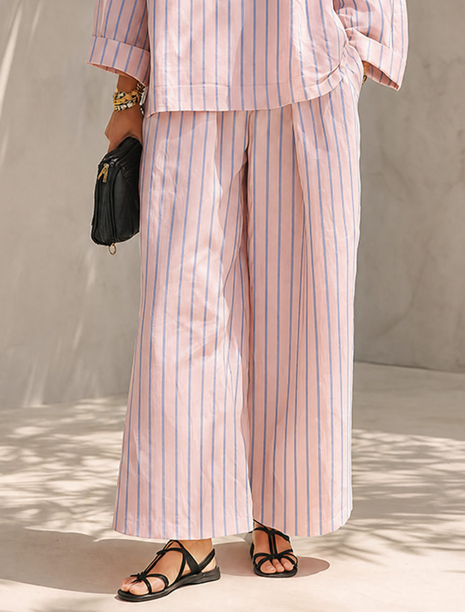 Women's Striped Long Sleeve Top & Wide-Leg Pants Set with Pockets