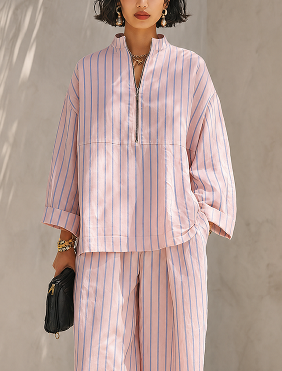 Women's Striped Long Sleeve Top & Wide-Leg Pants Set with Pockets
