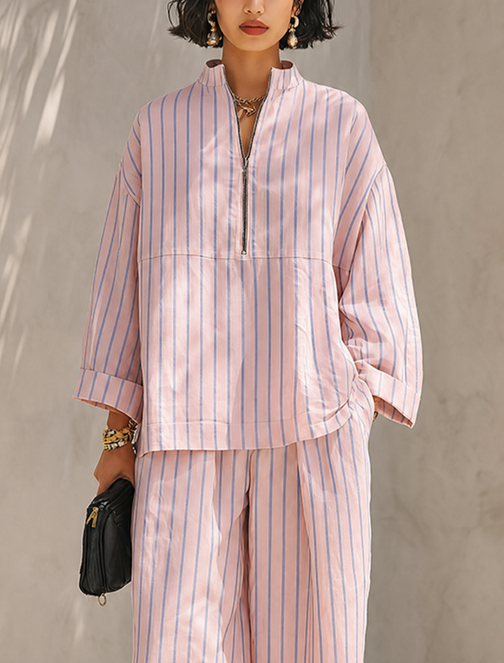 Women's Striped Long Sleeve Top & Wide-Leg Pants Set with Pockets