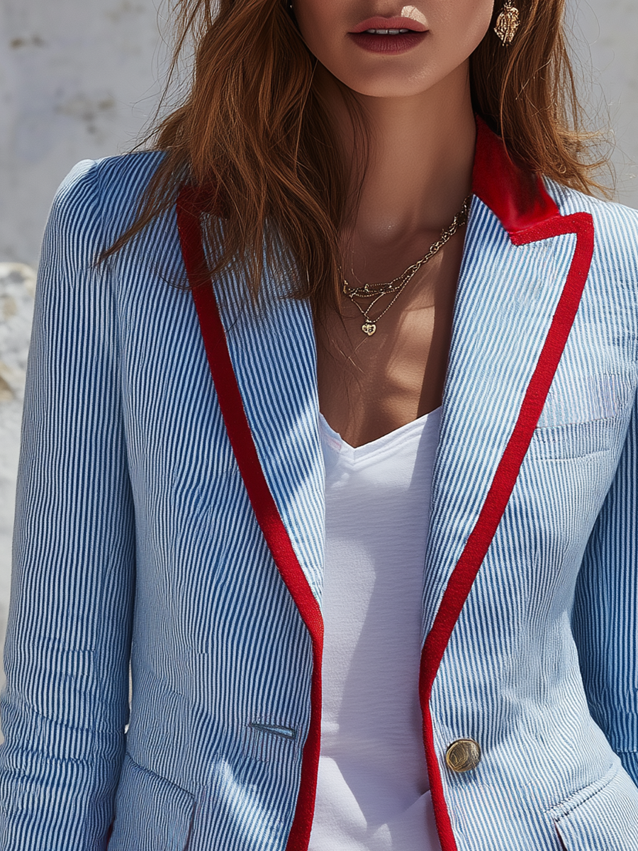 Women's Striped Long Sleeve Blazer with Pockets and Buttons