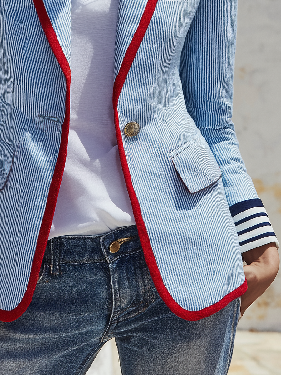 Women's Striped Long Sleeve Blazer with Pockets and Buttons
