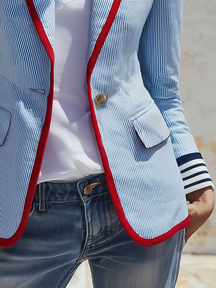 Women's Striped Long Sleeve Blazer with Pockets and Buttons