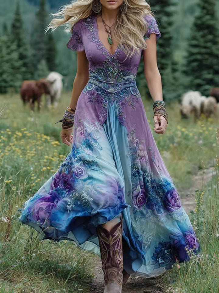 Mavis | Women's Short Sleeve V-Neck Elegant Floral Maxi Dress