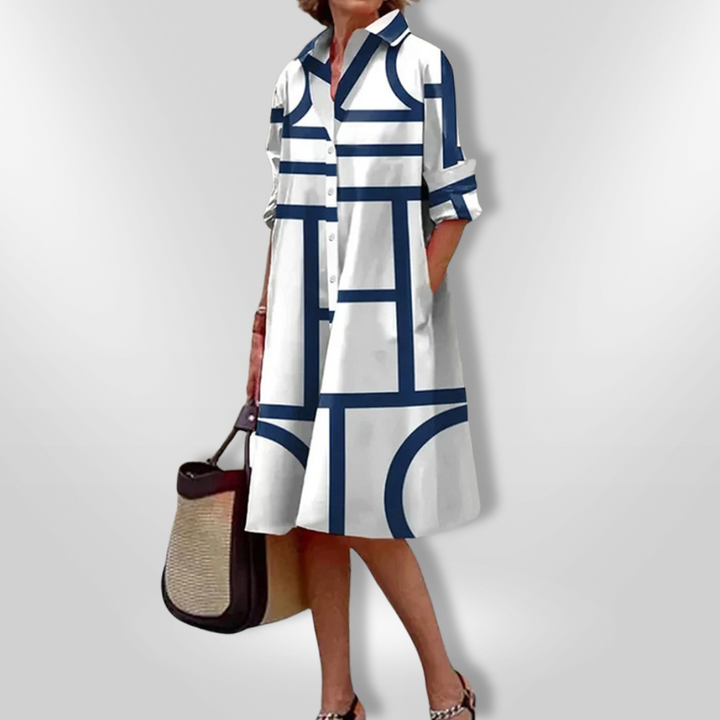 Helena | Women's 3/4 Sleeve Geometric Patterned Midi Dress with Buttons