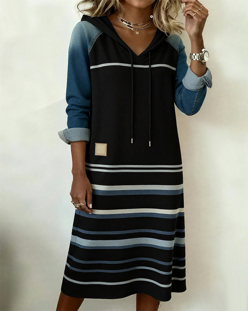 Everly | Women's Knee-Length Striped Hooded Dress with Drawstring
