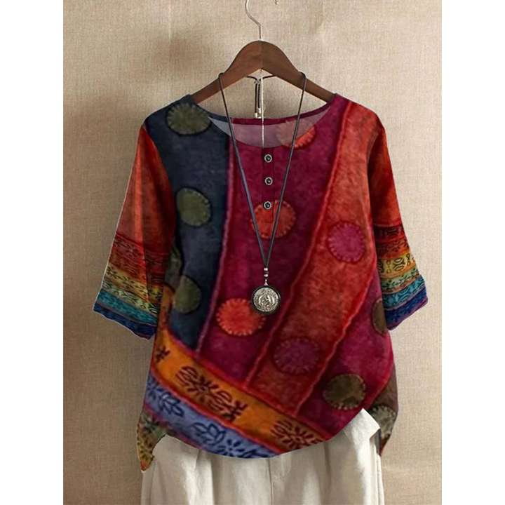 Valarie | Women's Short Sleeve Colorful Bohemian Top with Buttons