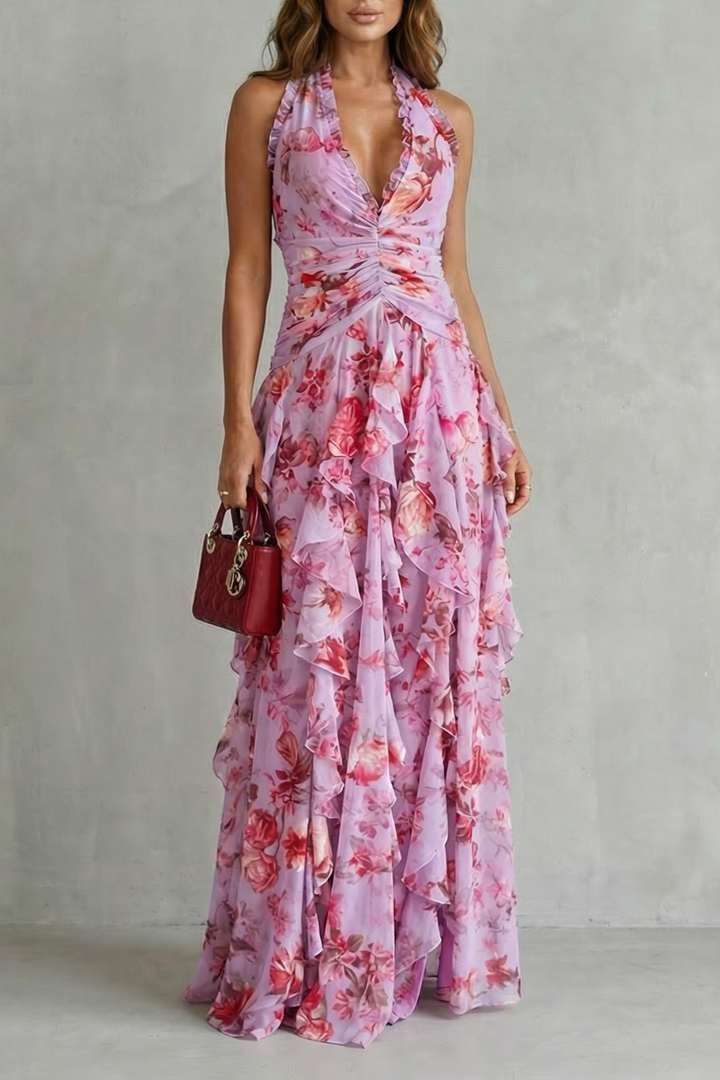 Belladina Enchanting Rose Cascade Halter Maxi Dress
