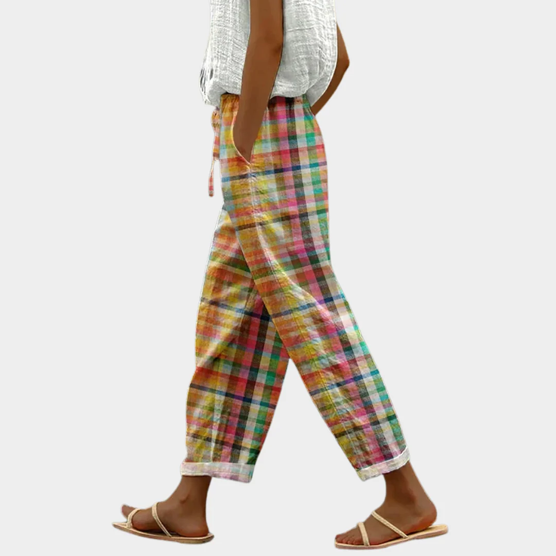Michelle | Women's Comfortable Checkered Pants with Buttons