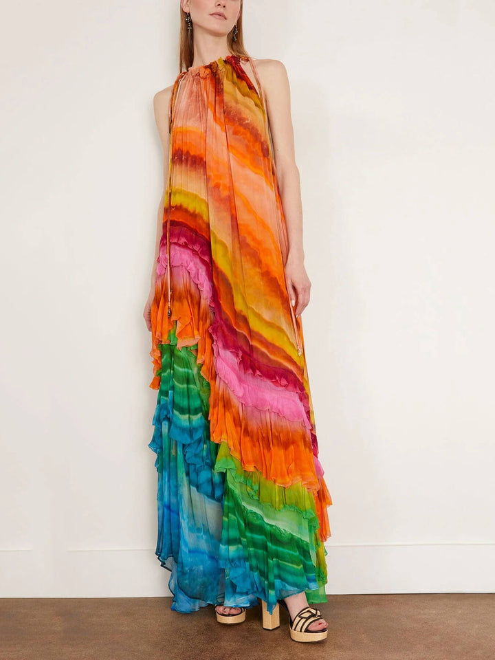 Velia | Women's Halter Neck Tie-Dye Flowy Ankle-Length Dress with Ruffle